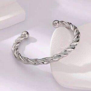 3/$35 Silver Tone Twisted Cable Cuff Bracelet Open Bangle Rope Ball End Boho